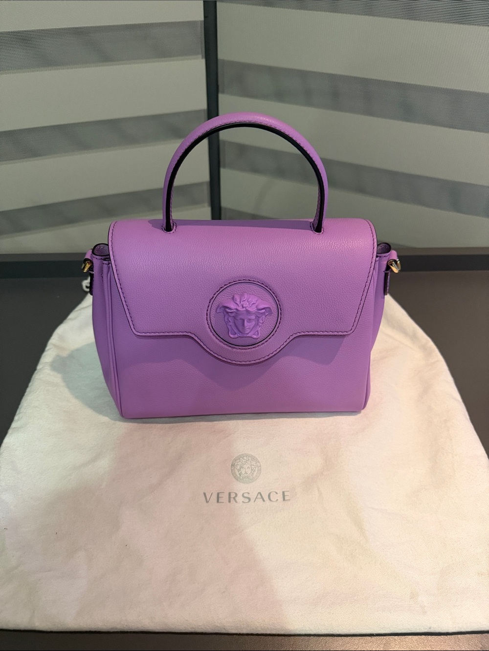 Versace Lavender Leather Top-Handle Bag with Medusa Emblem